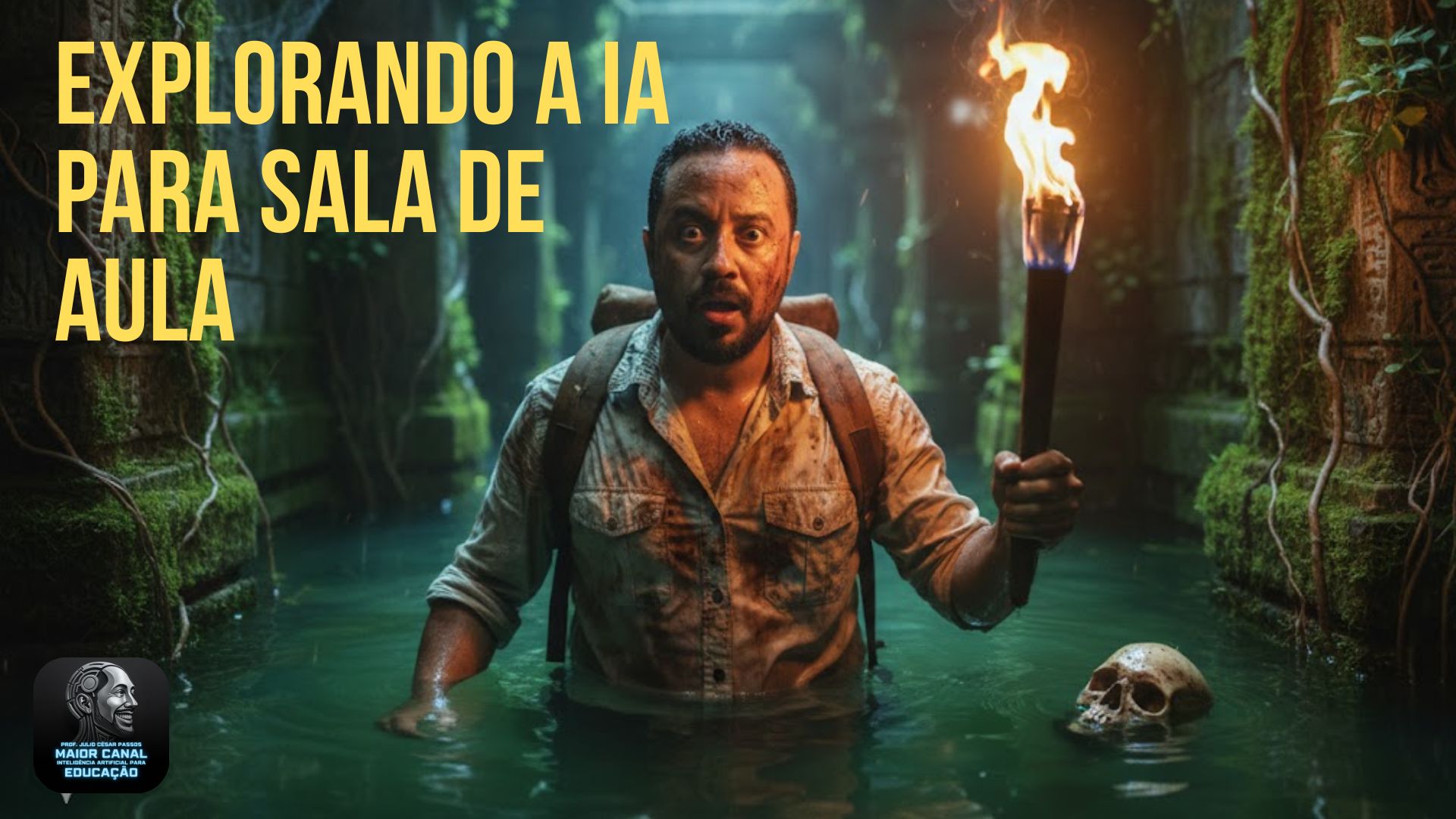 Professor explorador segurando uma tocha dentro de um templo alagado, simbolizando a jornada de descobrir a IA para a sala de aula.