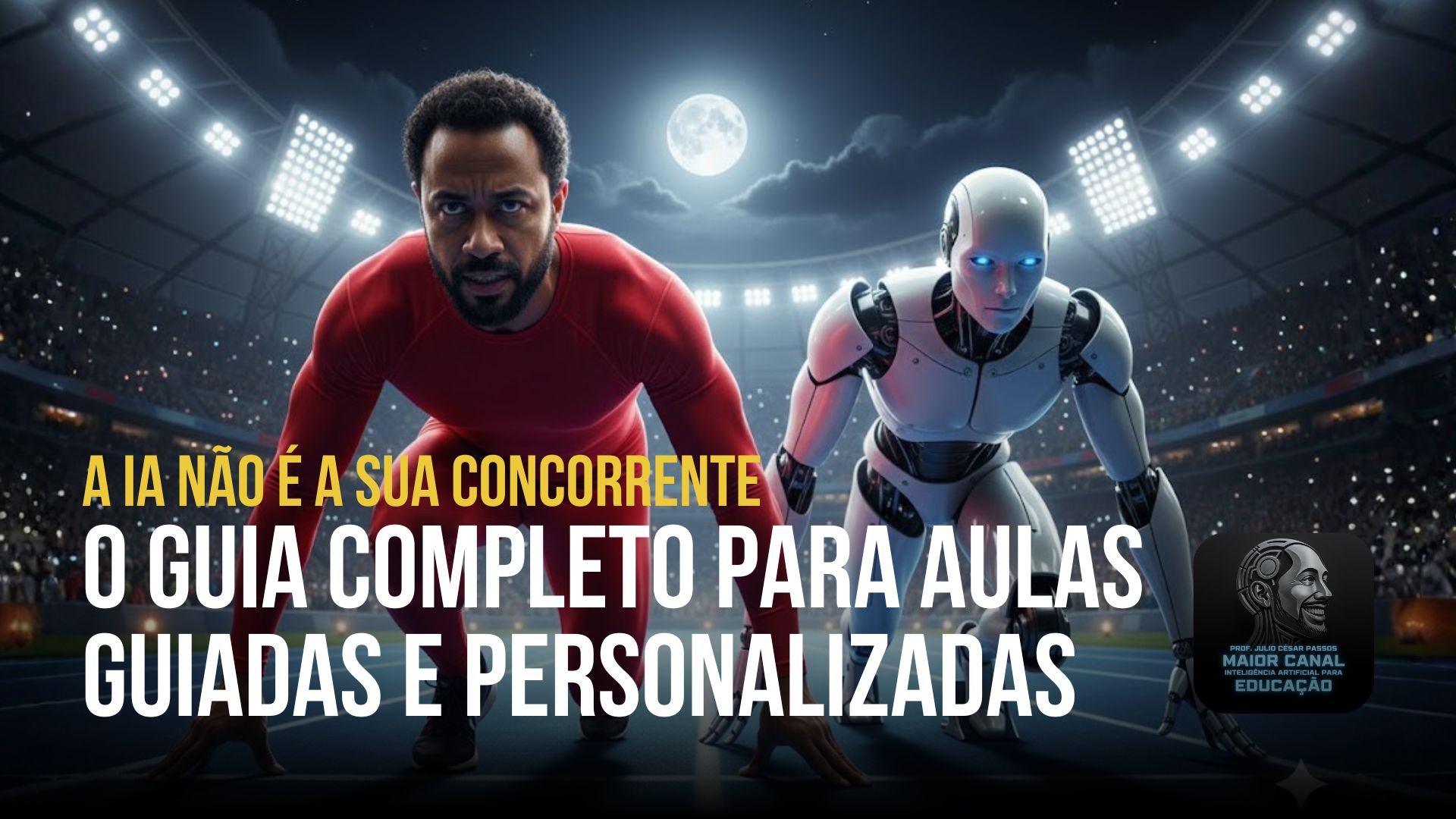 Professor ao lado de um robô em posição de largada, simbolizando parceria entre IA e educação.