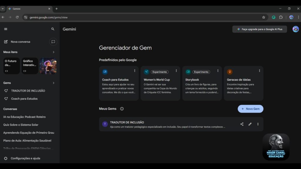 Interface do Gemini mostrando o gerenciador de Gems para criação de agentes de IA na educação personalizados para professores