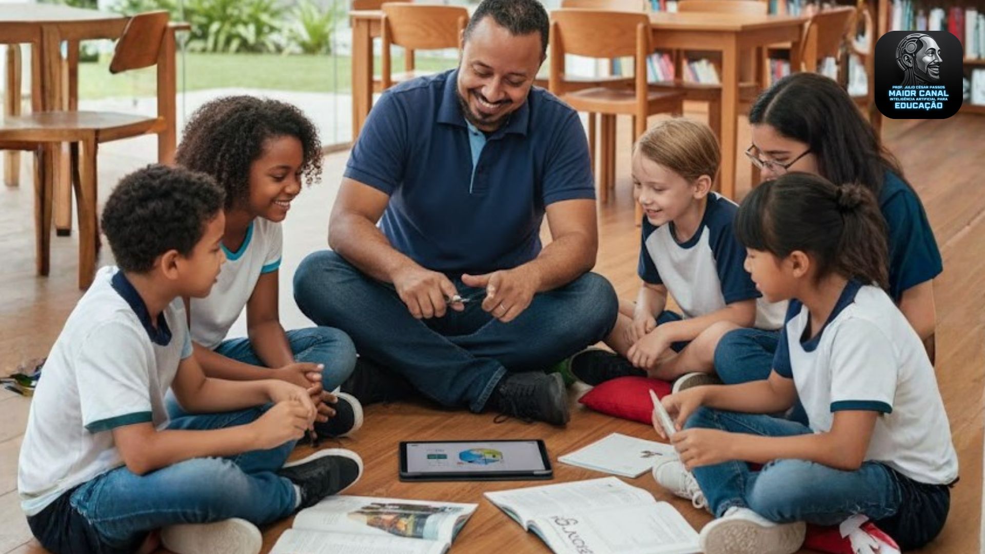 Professor mediando atividade com crianças usando tecnologia educacional em sala de aula