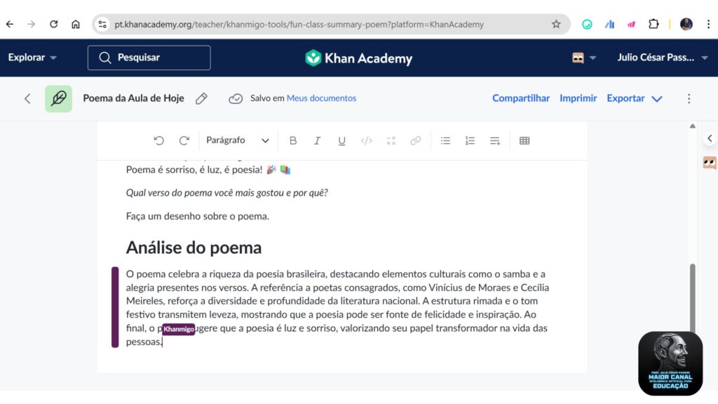 Khanmigo analisando poema com inteligência artificial para professores