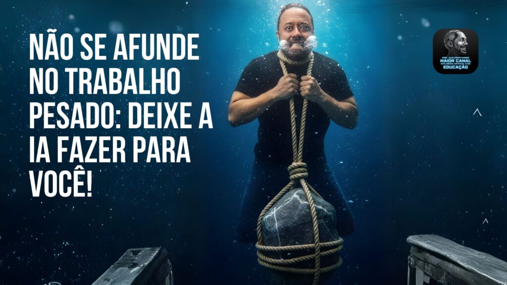 Pessoa submersa segurando um peso preso por uma corda, representando trabalho pesado e a ajuda da IA.