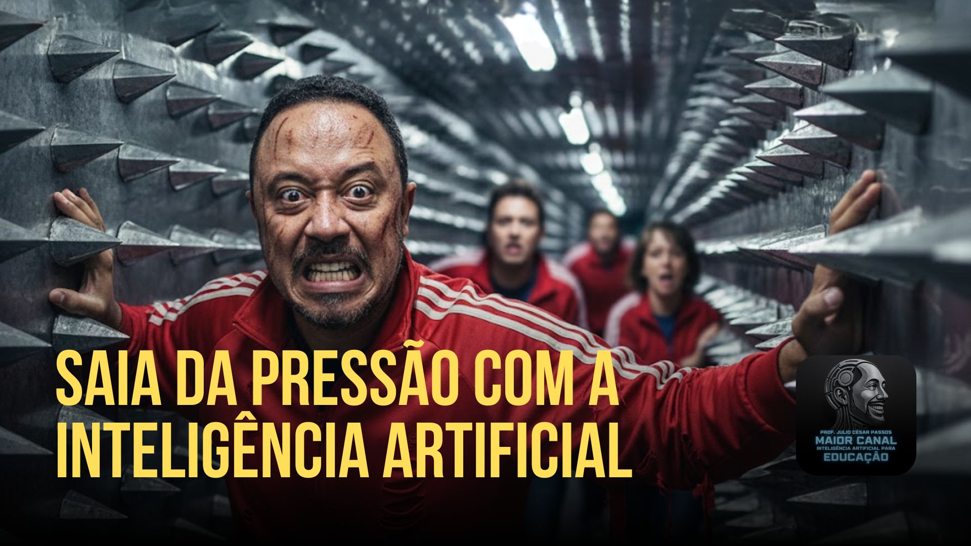 Professor pressionado entre paredes metálicas com estacas, simbolizando sobrecarga e pressão no trabalho docente.