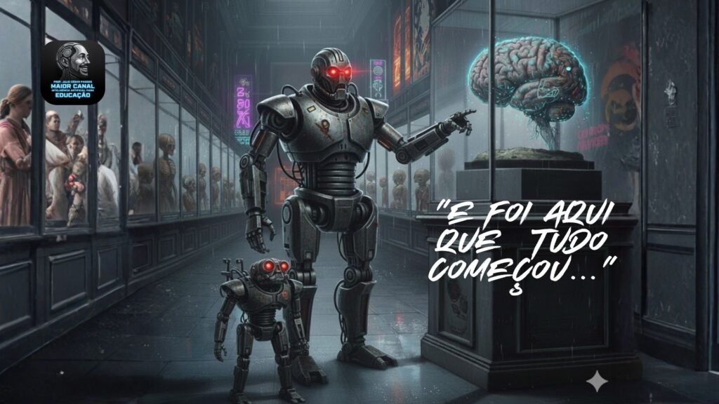 Robô observando um cérebro humano em exposição simbolizando a desumanização do ensino e a perda do protagonismo docente