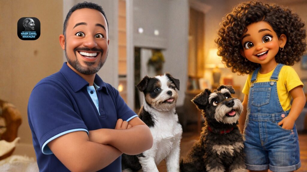 Professor e criança interagindo com avatares animados com IA na educação infantil