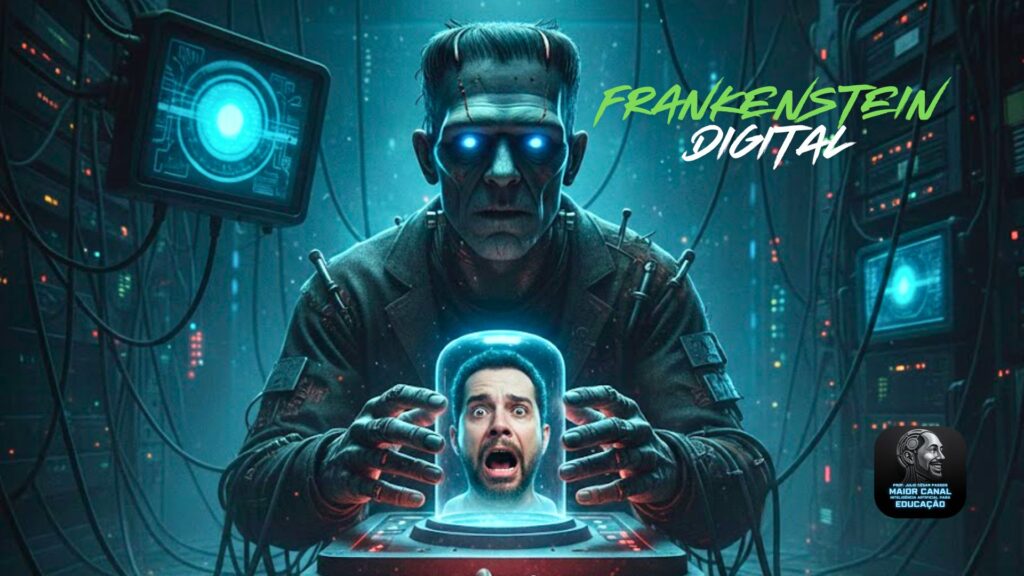 Frankenstein digital segurando um cérebro humano simbolizando o medo da substituição do professor pela inteligência artificial na educação