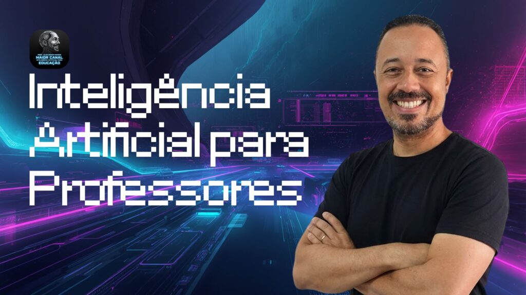 Professor sorrindo com fundo tecnológico representando inteligência artificial para professores
