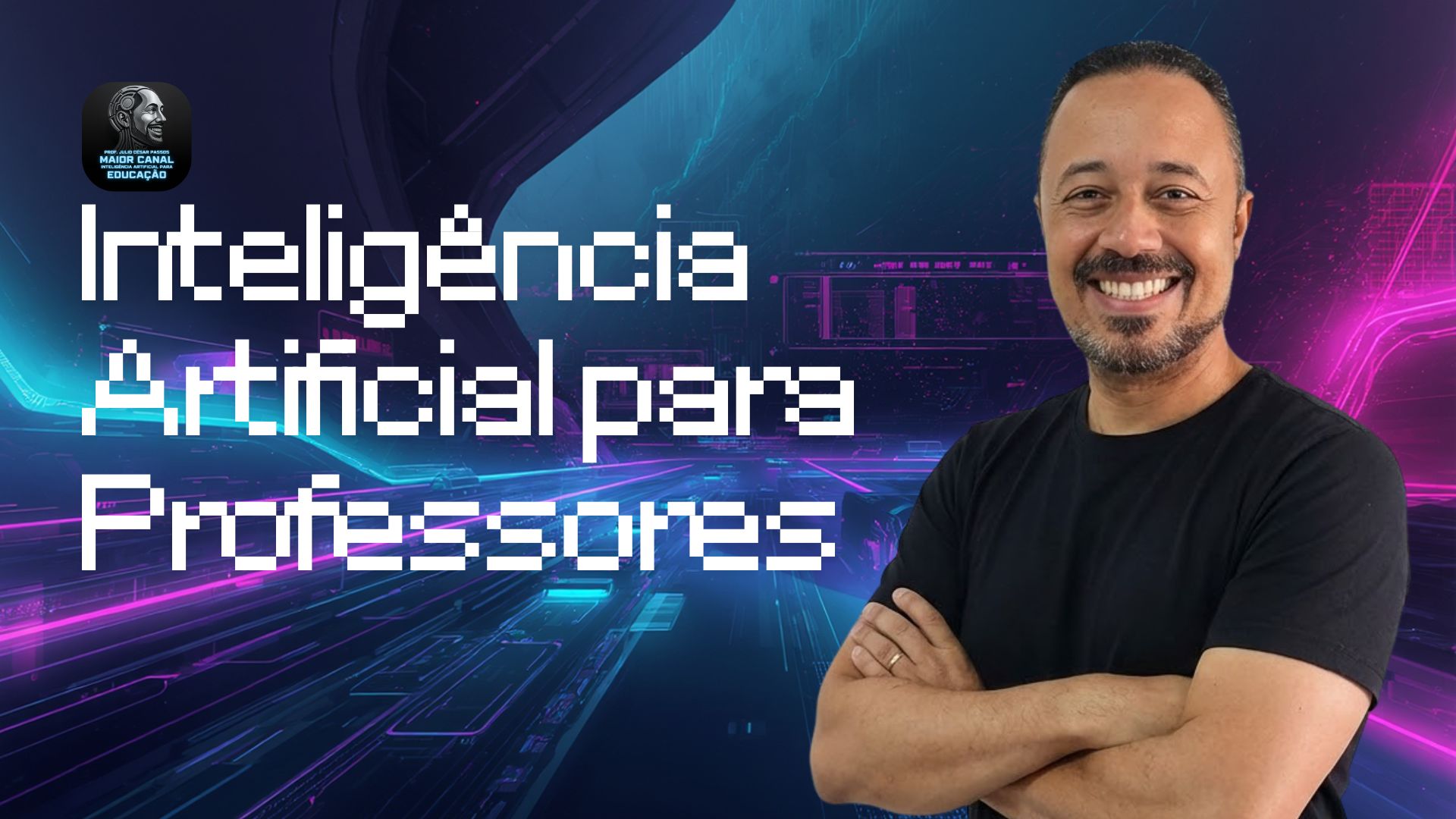 Professor sorrindo com fundo tecnológico representando inteligência artificial para professores