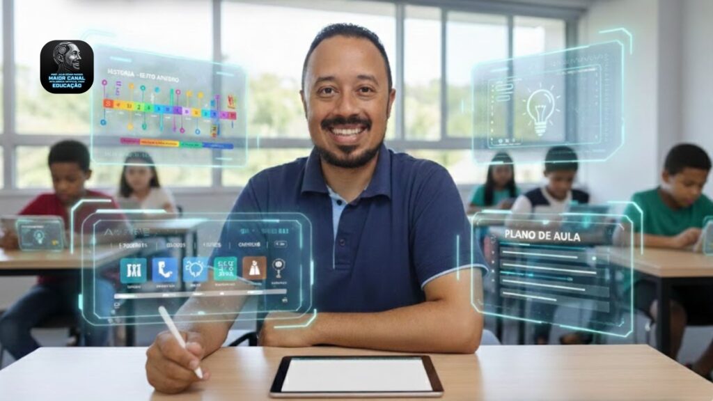 Professor utilizando inteligência artificial para planejar aulas e apoiar alunos em sala de aula