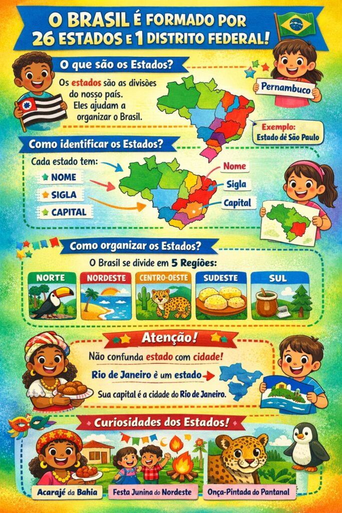 Cartaz educativo explicando que o Brasil é formado por 26 estados e 1 Distrito Federal, com mapa, regiões e exemplos para alunos.