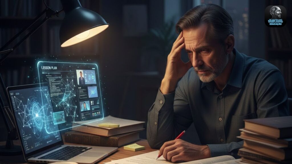 Professor utilizando inteligência artificial para planejar aulas no computador à noite