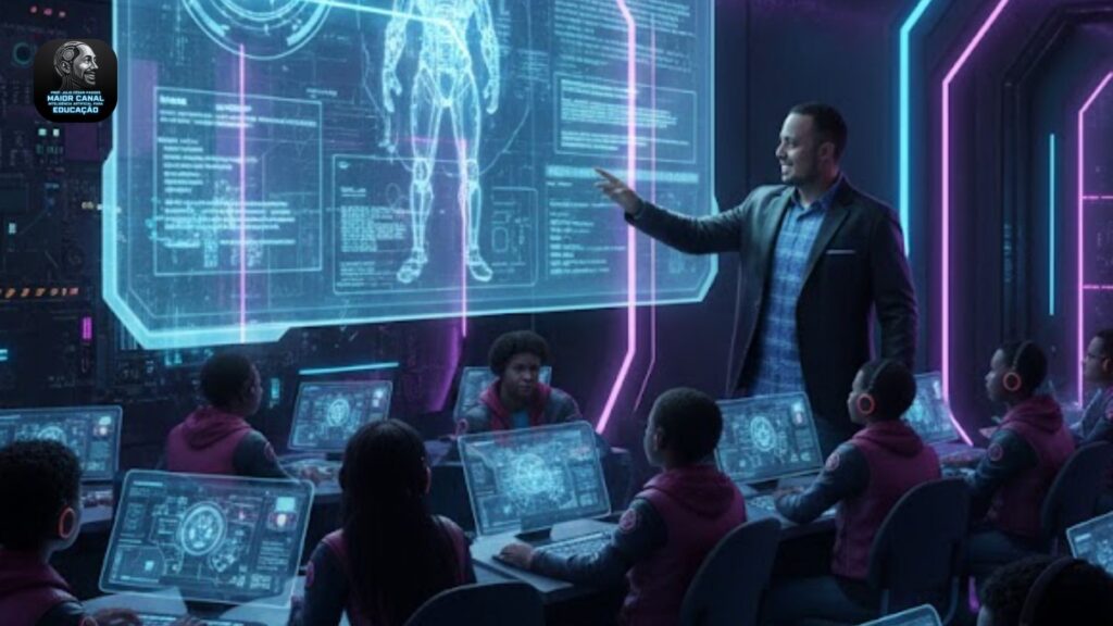 Professor utilizando inteligência artificial com alunos em sala de aula digital