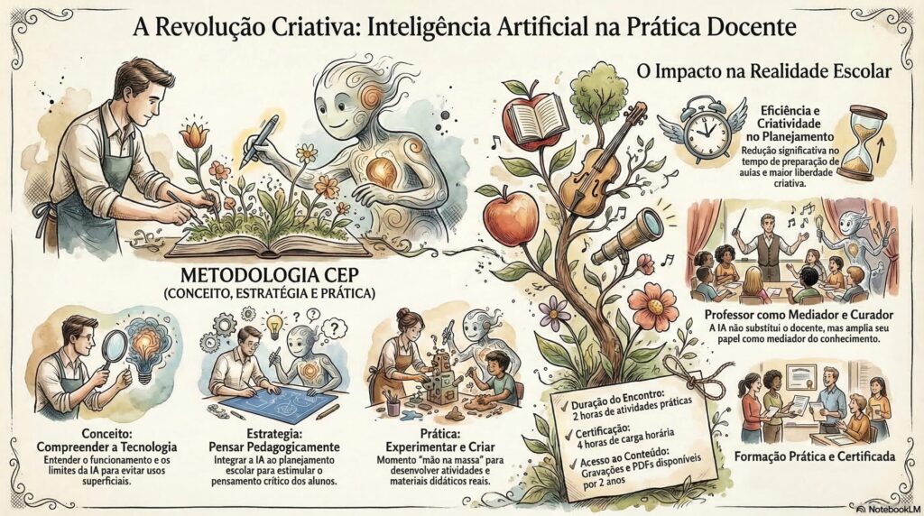 Infográfico sobre Inteligência Artificial na prática docente mostrando metodologia CEP, impacto da IA na educação e oficinas de IA para professores.