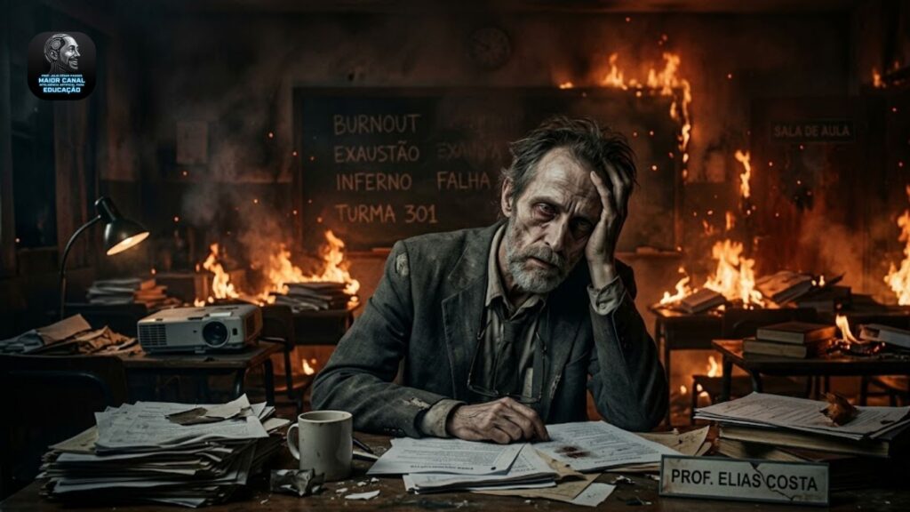 Professor exausto em sala de aula simbolizando burnout docente