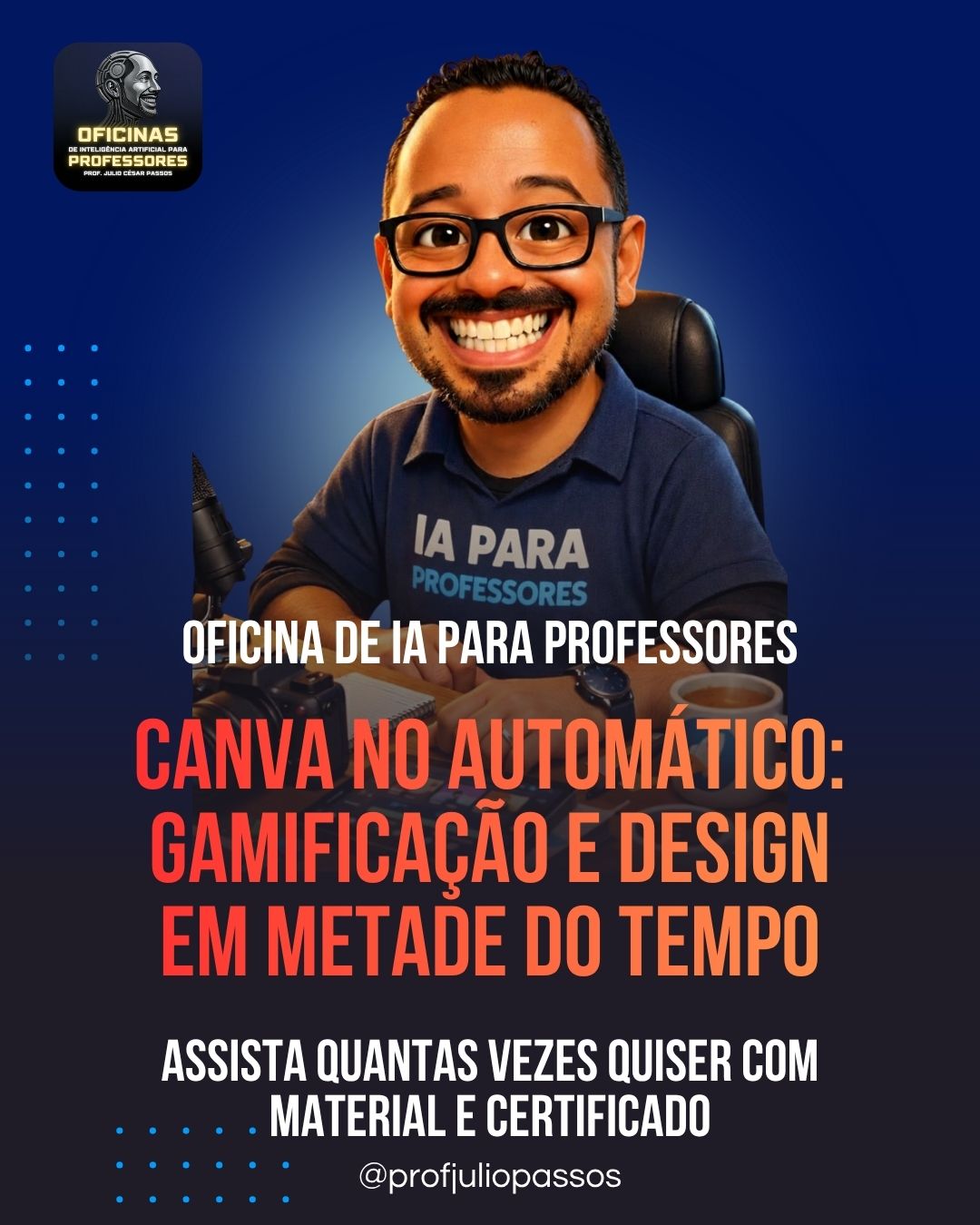 A imagem de um banner sobre a oficina Canva no Automático Gamificação e Design em Metade do Tempo do Professor Julio Passos