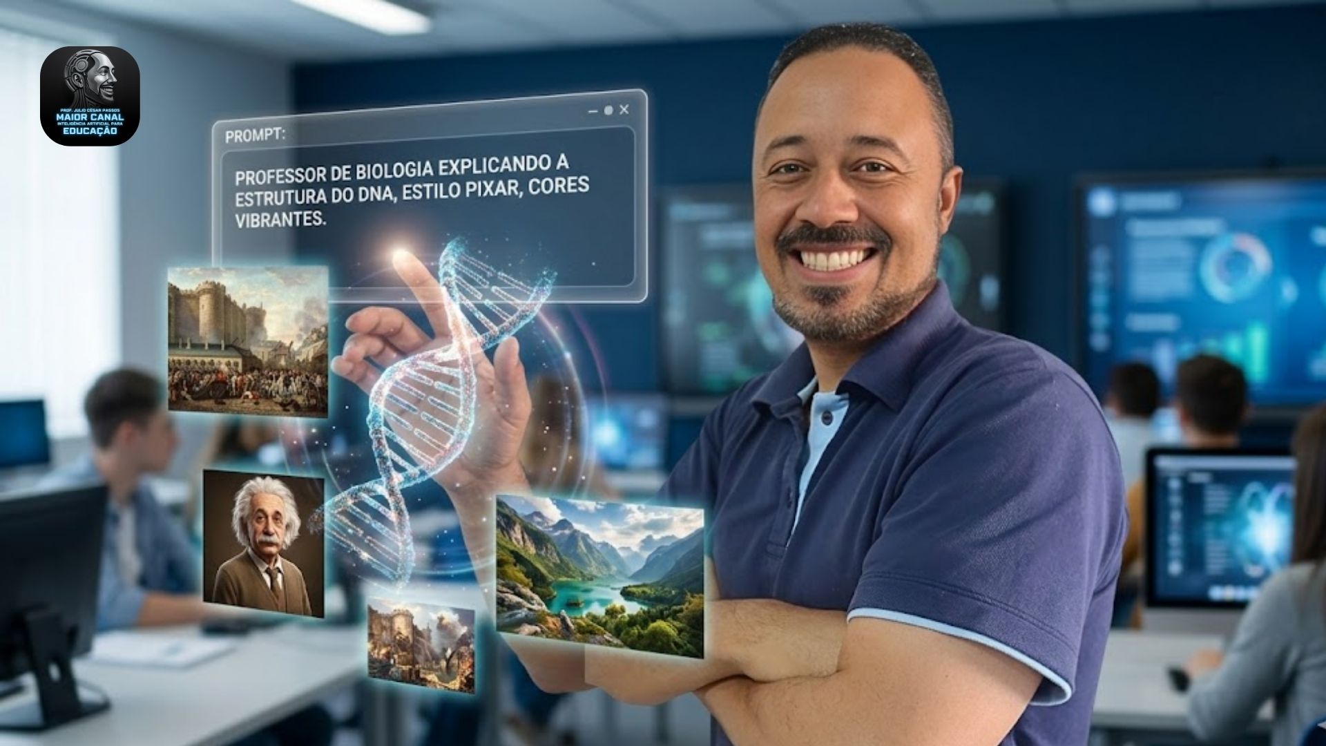 Professor utilizando inteligência artificial para criar imagens educativas com DNA em destaque