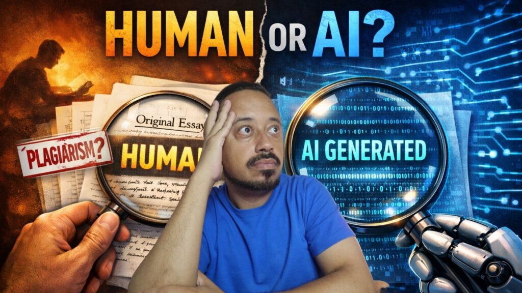 Professor refletindo sobre uso de IA e avaliação de textos na escola