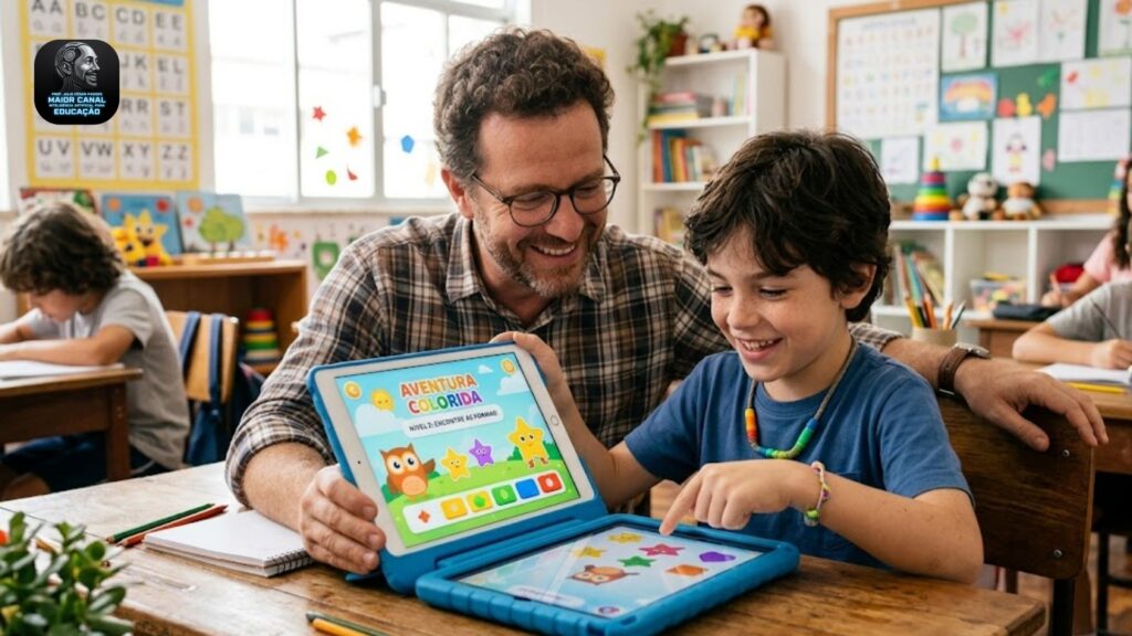 Professor auxiliando aluno com tablet em atividade inclusiva usando tecnologia educacional