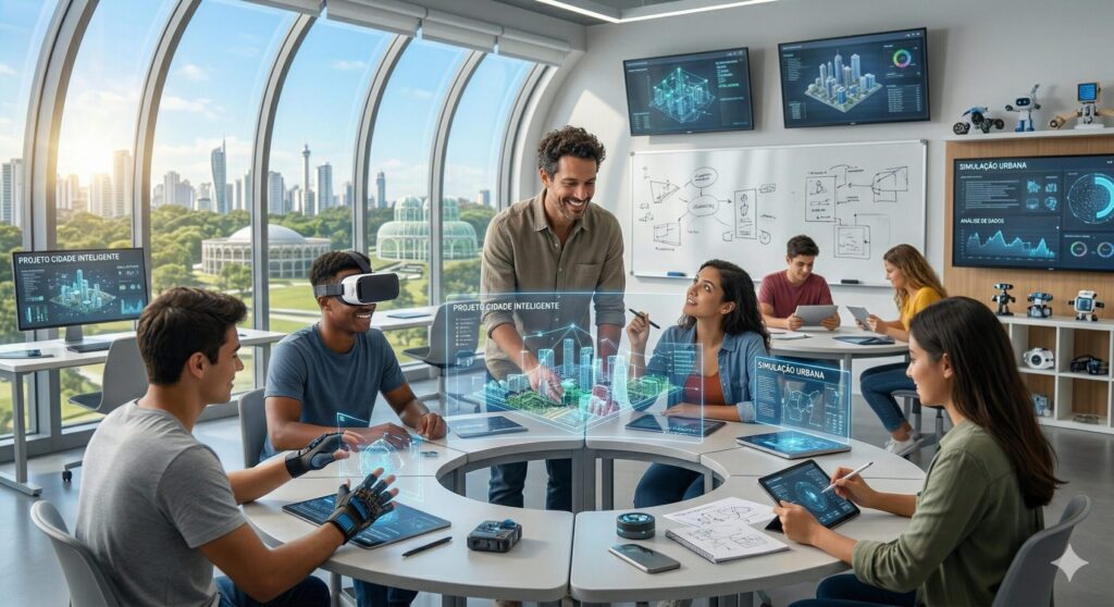 Professor orientando alunos em sala de aula tecnológica com realidade aumentada e inteligência artificial aplicada a projetos urbanos