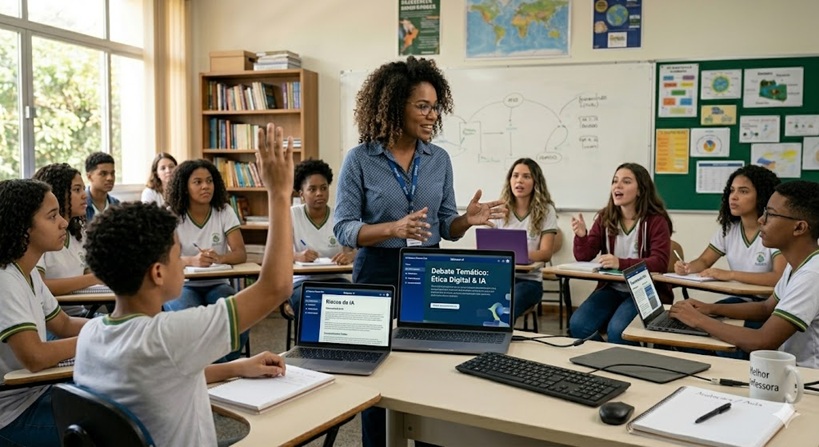 Professora conduzindo aula com uso de inteligência artificial e alunos participando ativamente