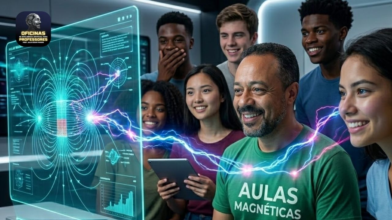 Professor aplicando aulas magnéticas com tecnologia e alunos engajados