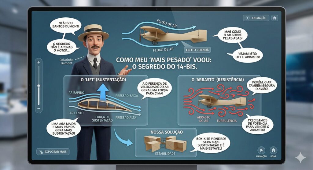 Explicação visual sobre sustentação e arrasto em aula magnética com IA e storytelling educacional