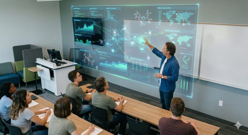 Professor utilizando tecnologia digital em aula magnética com alunos engajados em sala de aula