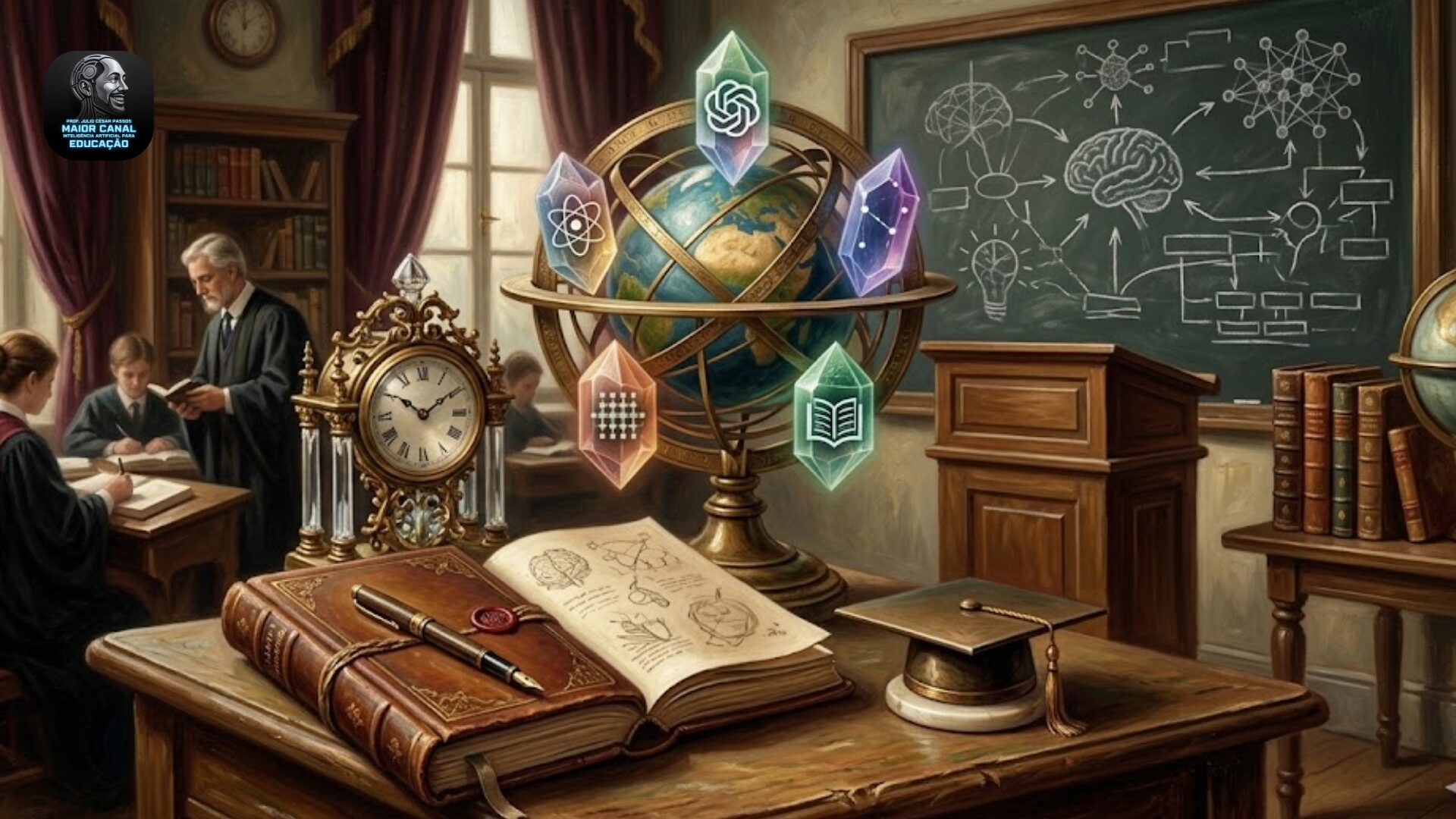 Representação da evolução da educação com inteligência artificial integrando conhecimento tradicional e tecnologias como ChatGPT