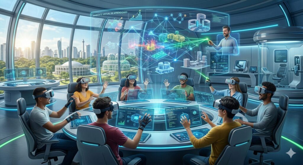 Estudantes utilizando realidade virtual em sala de aula futurista com inteligência artificial e ambientes imersivos de aprendizagem