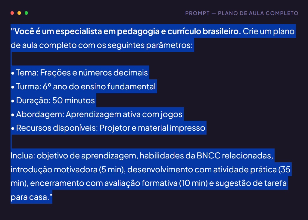 Prompt de inteligência artificial para criar plano de aula completo alinhado à BNCC