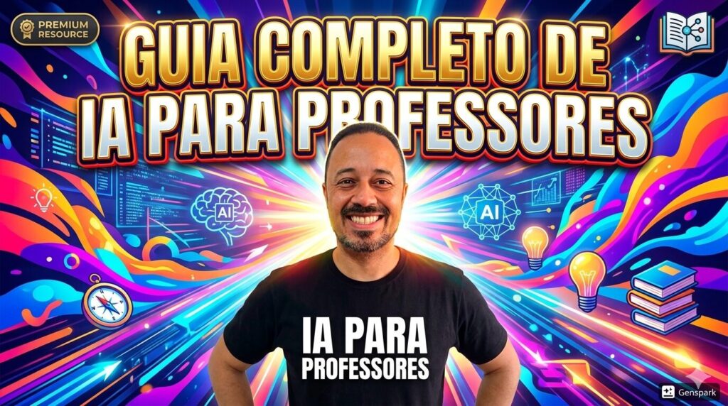 Capa colorida com o texto Guia Completo de IA para Professores e professor ao centro, cercado por elementos visuais de inteligência artificial, educação, livros e ideias.