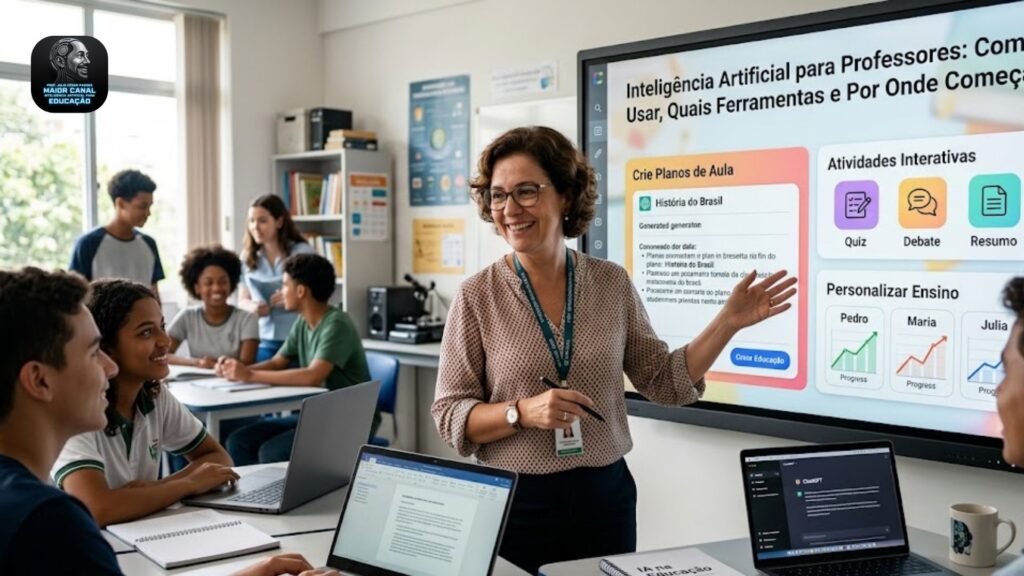 Professora utilizando inteligência artificial em sala de aula com alunos e tela digital interativa