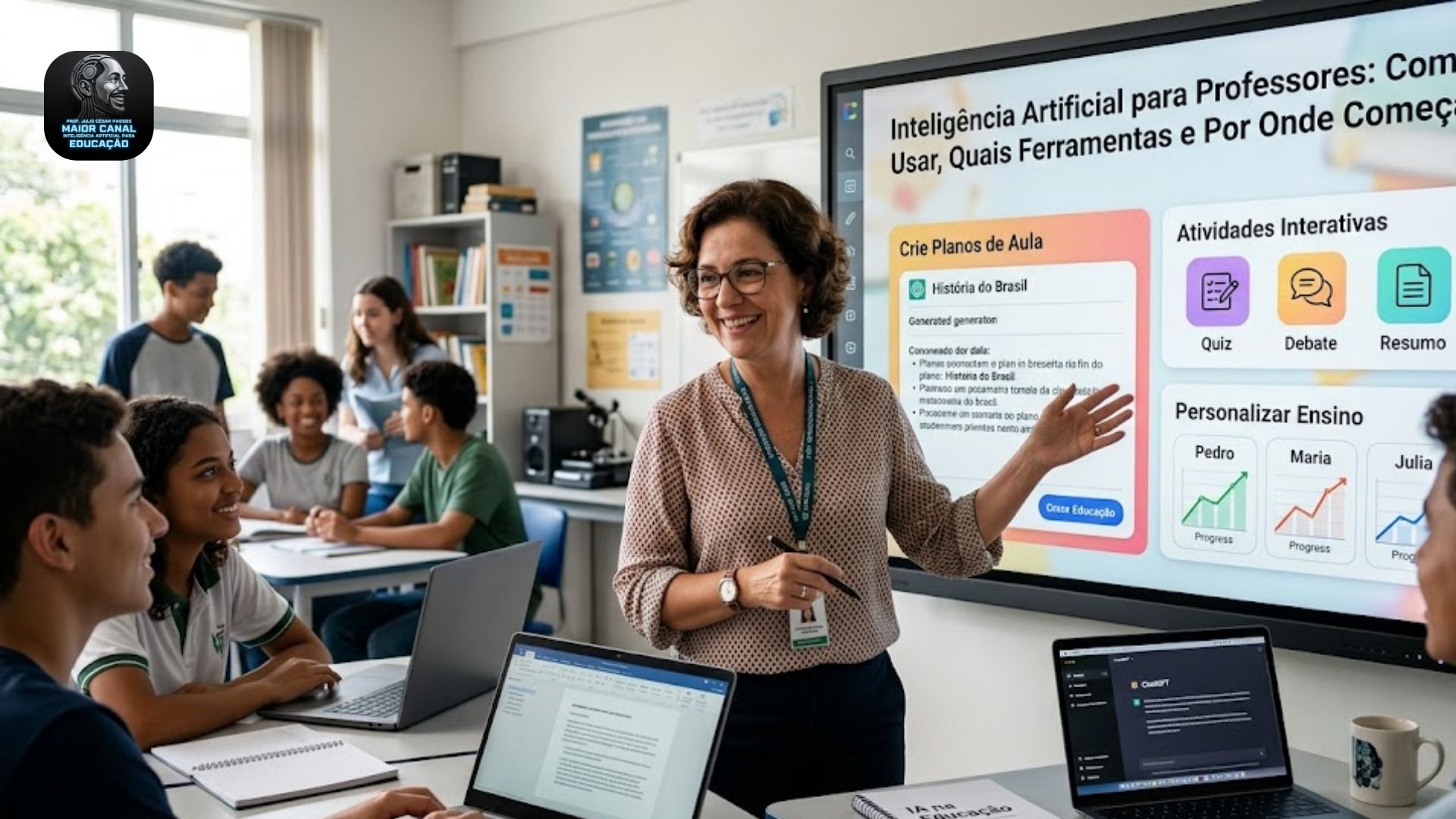 Professora utilizando inteligência artificial em sala de aula com alunos e tela digital interativa