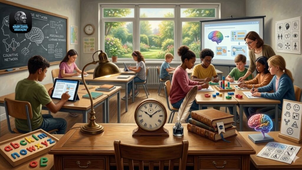 Sala de aula inclusiva com professora orientando alunos e recursos de inteligência artificial para apoiar estudantes neurodivergentes