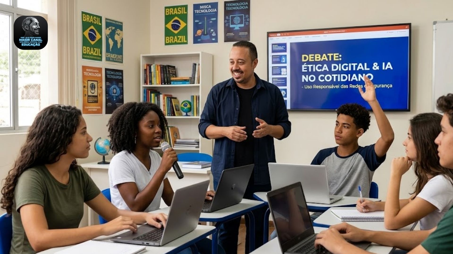 Professor conduzindo debate sobre ética digital e inteligência artificial com alunos em sala de aula