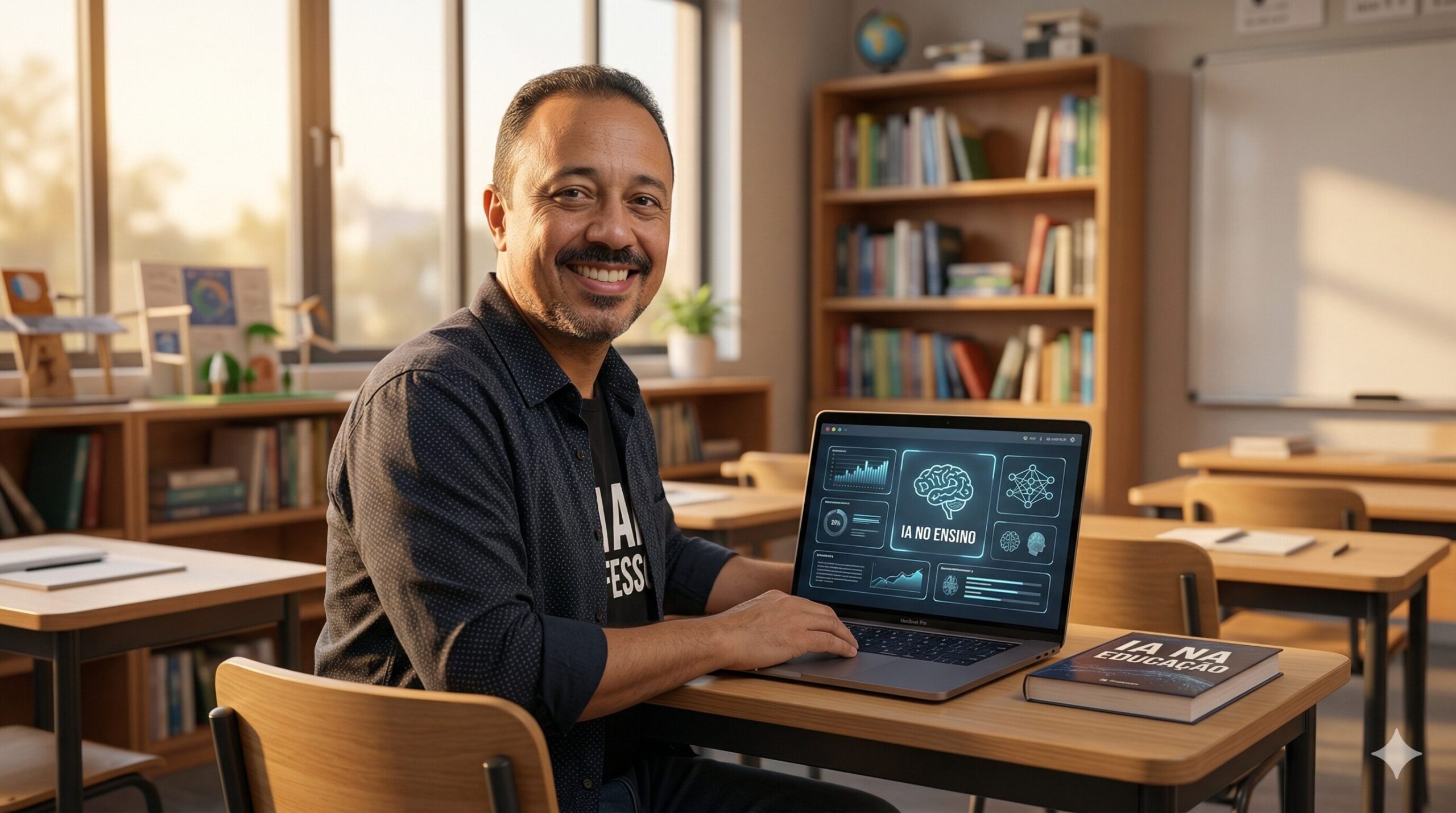 Professor usando inteligência artificial na educação com notebook em sala de aula