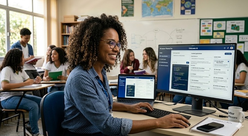 Professora usando inteligência artificial no computador em sala de aula com alunos ao fundo