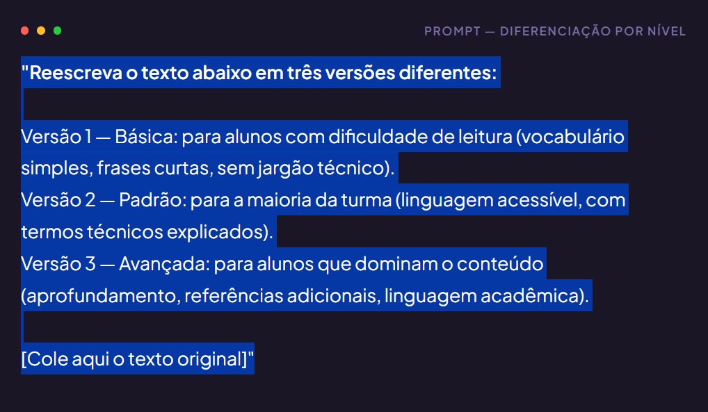 Prompt de inteligência artificial para diferenciar conteúdo por níveis de aprendizagem