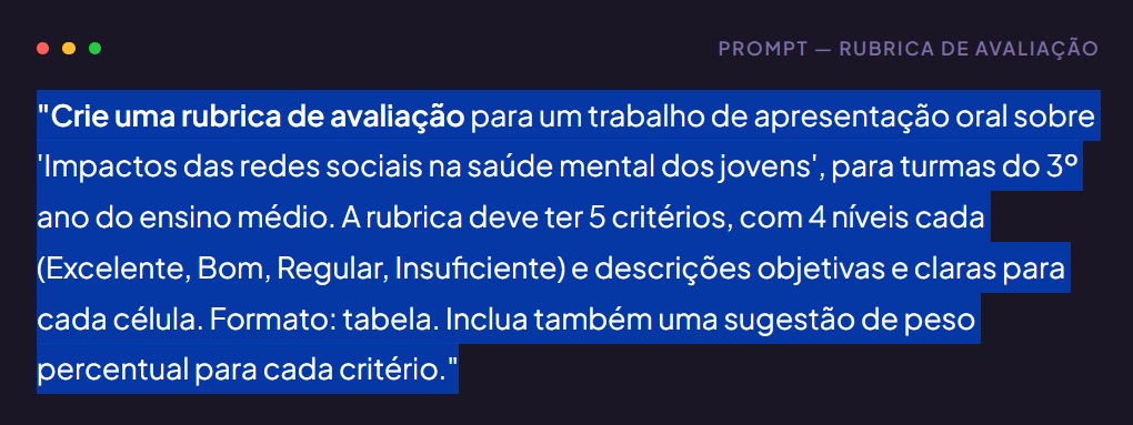 Prompt de inteligência artificial para criar rubrica de avaliação no ensino médio