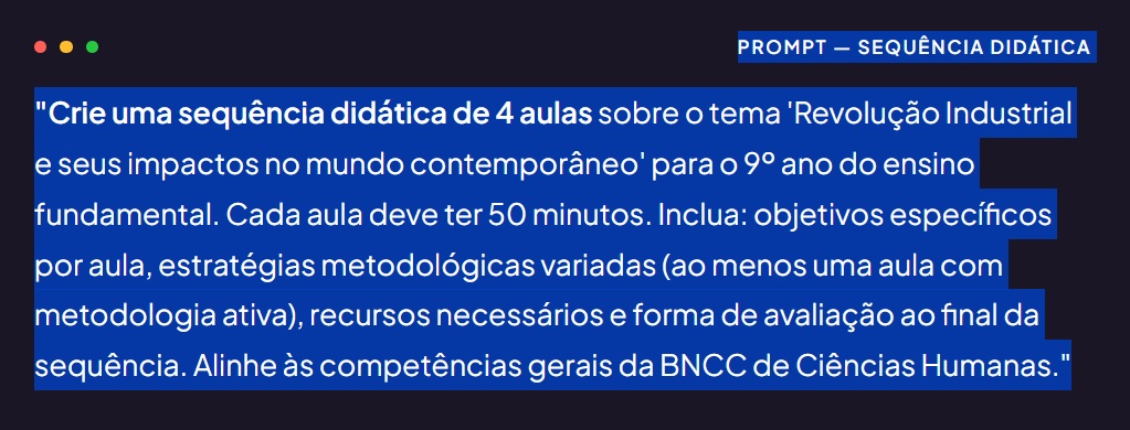 Prompt de inteligência artificial para criar sequência didática alinhada à BNCC