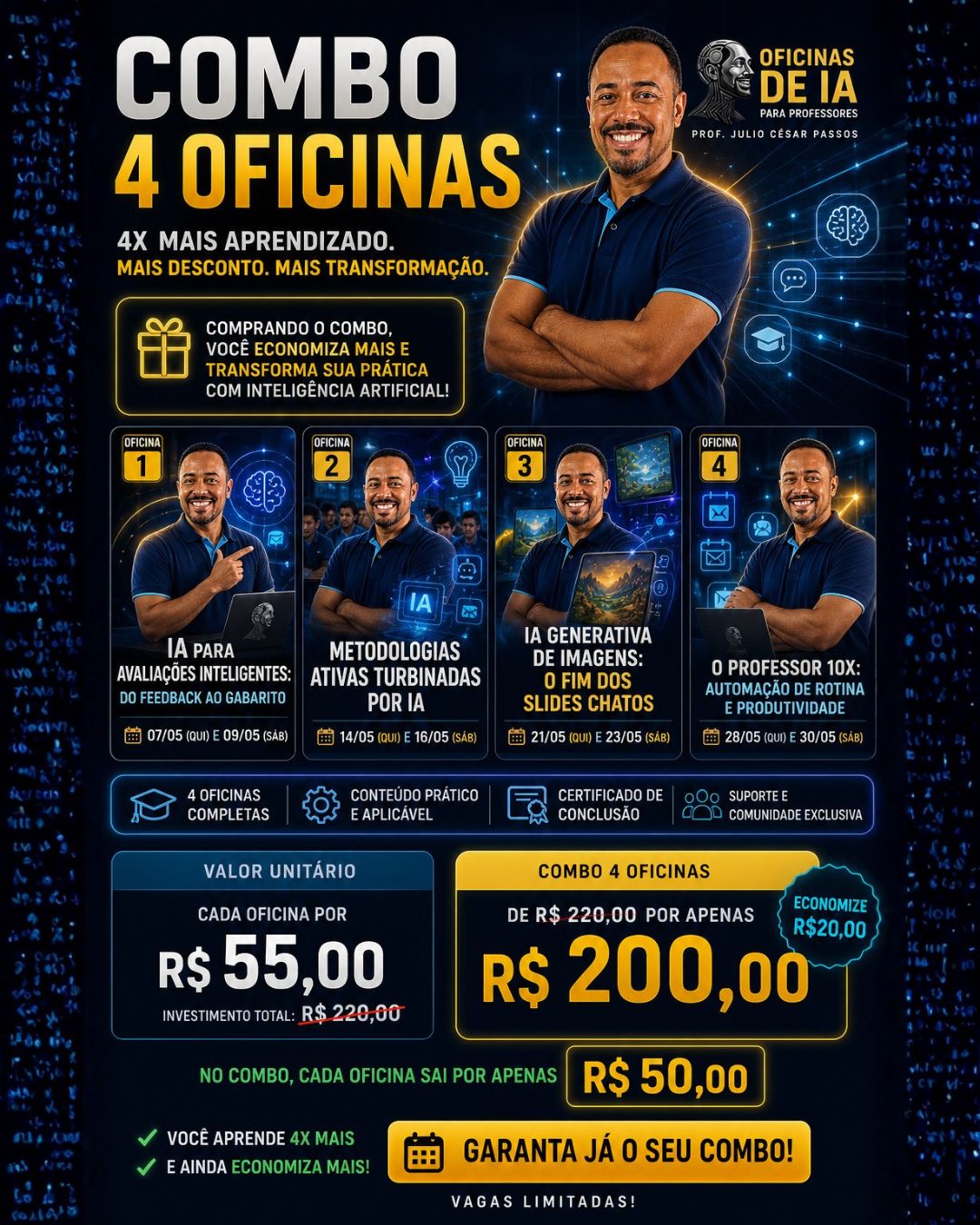 banner da oferta de Combo VIP 4 Oficinas de Inteligências Artificiais para Professores (MAIO)