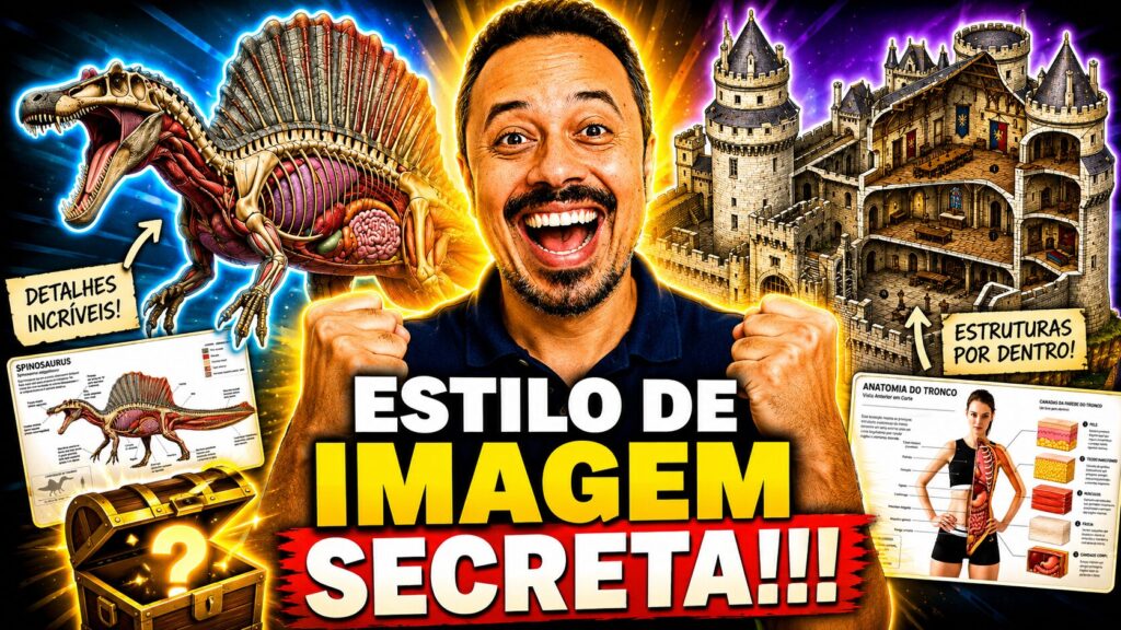 Estilo de imagem secreta com inteligência artificial mostrando professor, dinossauro anatômico e castelo detalhado para criação de imagens educativas.