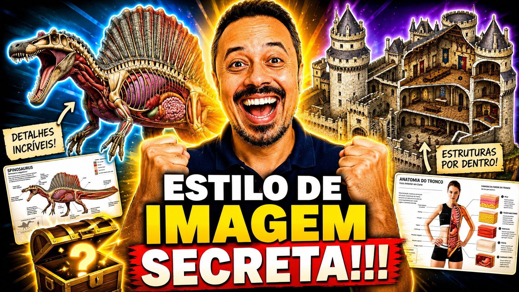 Estilo de imagem secreta com inteligência artificial mostrando professor, dinossauro anatômico e castelo detalhado para criação de imagens educativas