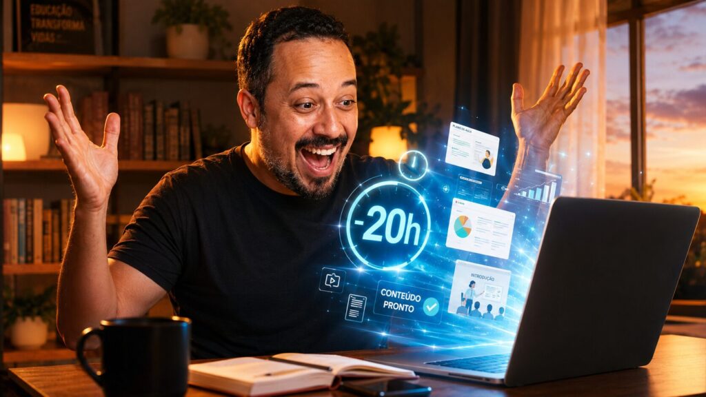 Professor utilizando inteligência artificial para economizar tempo na criação de conteúdos, planos de aula e materiais pedagógicos.