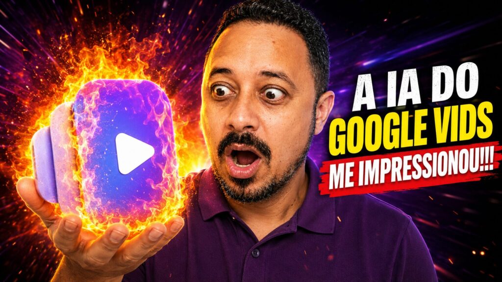 Professor impressionado com a IA do Google Vids, segurando um ícone de vídeo em chamas, representando criação de vídeos com inteligência artificial.