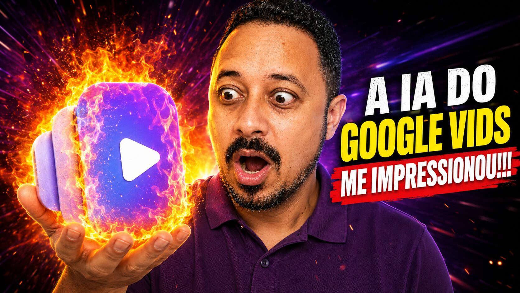 Professor impressionado com a IA do Google Vids, segurando um ícone de vídeo em chamas, representando criação de vídeos com inteligência artificial.
