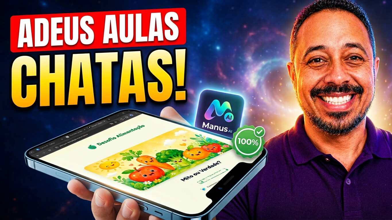 Professor sorrindo segurando um celular com atividade criada por IA, com destaque para a chamada “Adeus aulas chatas”.