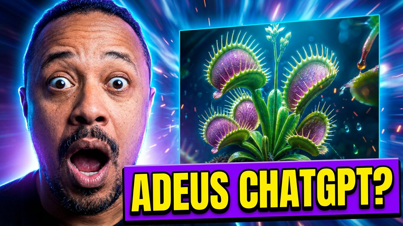 Professor surpreso ao lado de uma planta carnívora gerada por inteligência artificial, com a chamada “Adeus ChatGPT?”.