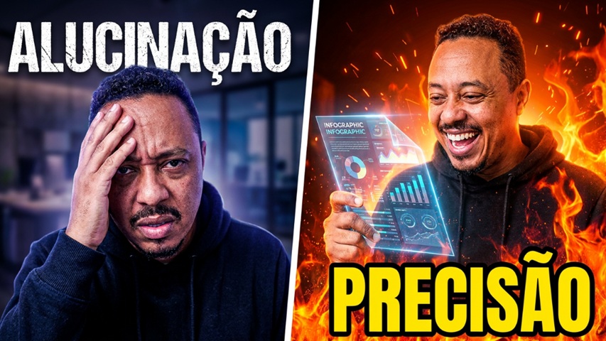 Professor preocupado com alucinação de inteligência artificial e depois sorrindo ao usar infográficos com maior precisão.