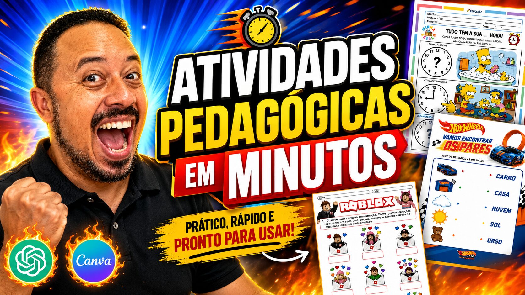 Professor animado mostrando atividades pedagógicas em minutos com ChatGPT e Canva para criar materiais prontos para usar em sala de aula.